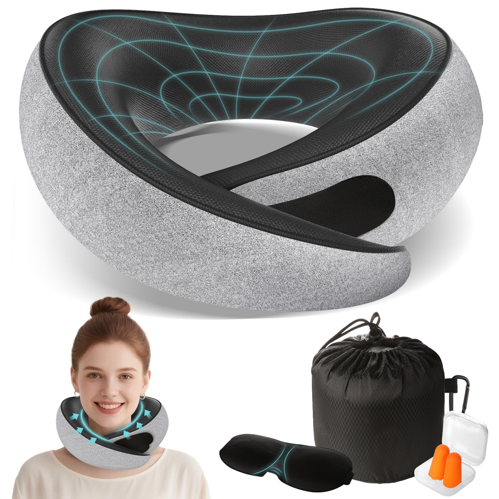 Photo 1 of FIOGIKO Travel Neck Pillows for Airplanes - 360° Ergonomic Memory Foam Travel Pillow - Relief Neck Pain with Breathable Support for Long Flights, Car, Train & Office Use - Adults & Kids