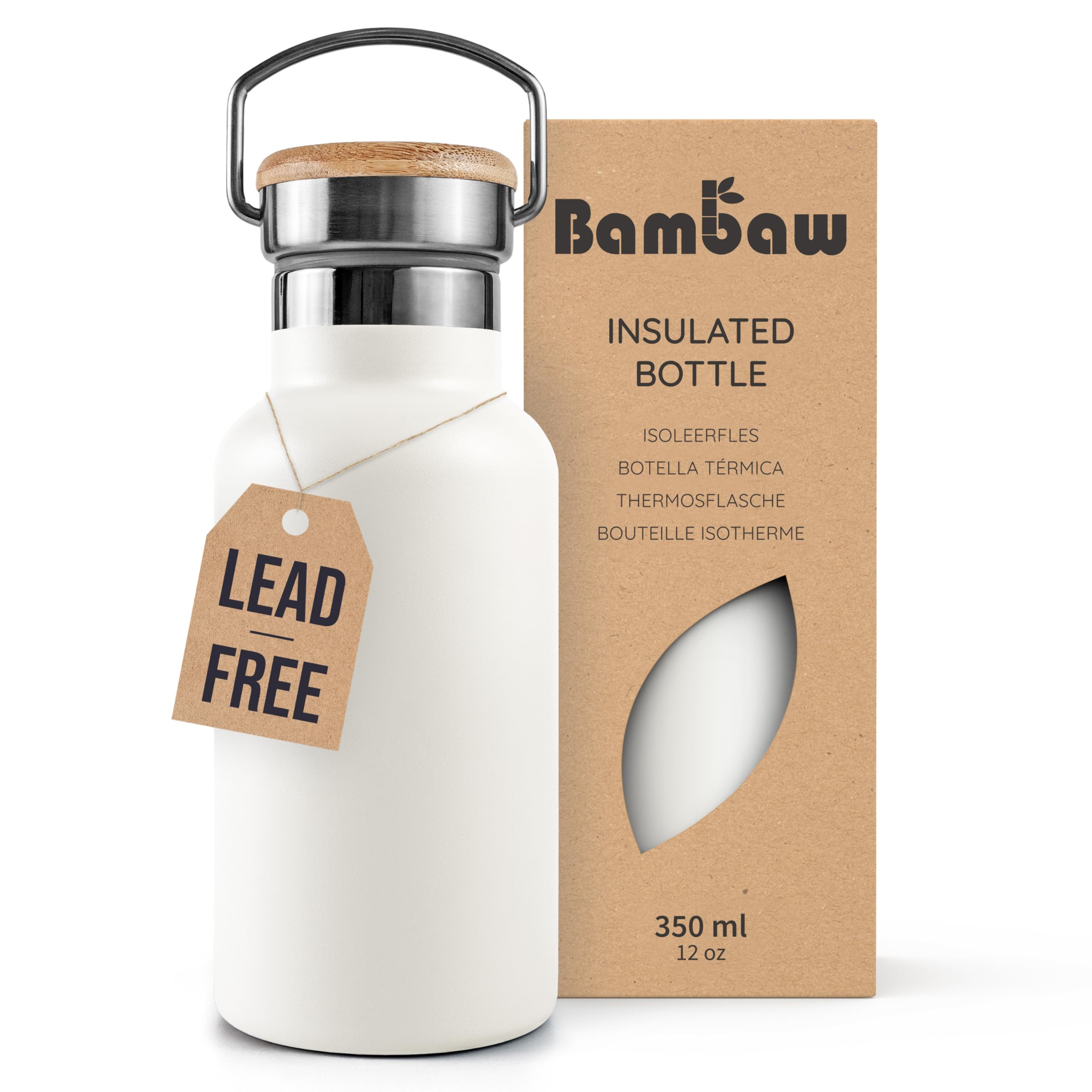 Bambaw Insulated Stainless Steel Water Bottle 350ml, Small Metal Water Bottles 350ml, Easy to Carry with Handle, Rust Resistant & Durable, Wide Mouth for Easy Cleaning (Polar White)
