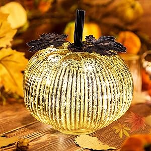 Keepax Mercury Glass Pumpkin Lights Fall Decor, Battery Operated LED Timer 5.5 Inches Pumpkins D&eacute;cor (Gold)