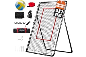 LOMGWAYS Volleyball Rebounder Net with Volleyball, Bungee Cords,Carry Bag and Neon Target, 5 Adjustable Angles Bounce Back Net for Volley Ball,Baseball,Improve Skills (4x7ft)