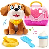 JOYIN Toy Dog for Kids, Play Puppy Toy with Carrier &amp; Accessories, Plush Dog with Interactive Button, Lights &amp; Sounds, Pet Care Set for Kids 1 2 3 4 Years Old, Birthday Gifts for Girls