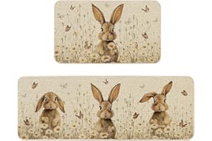Moutina Floral Bunny Rabbit Easter Kitchen Rugs Set of 2, Spring Party Easter Bunny Decor Low-Profile Kitchen Mats for Floor 