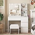 Vabches Vanity, Makeup Vanity Desk Set with Mirror & Light, Dressing Table Storage Lots with Power Strip, 3 Lighting Modes with Adjustable Brightness, 37 Inches (White) (White with Stool)