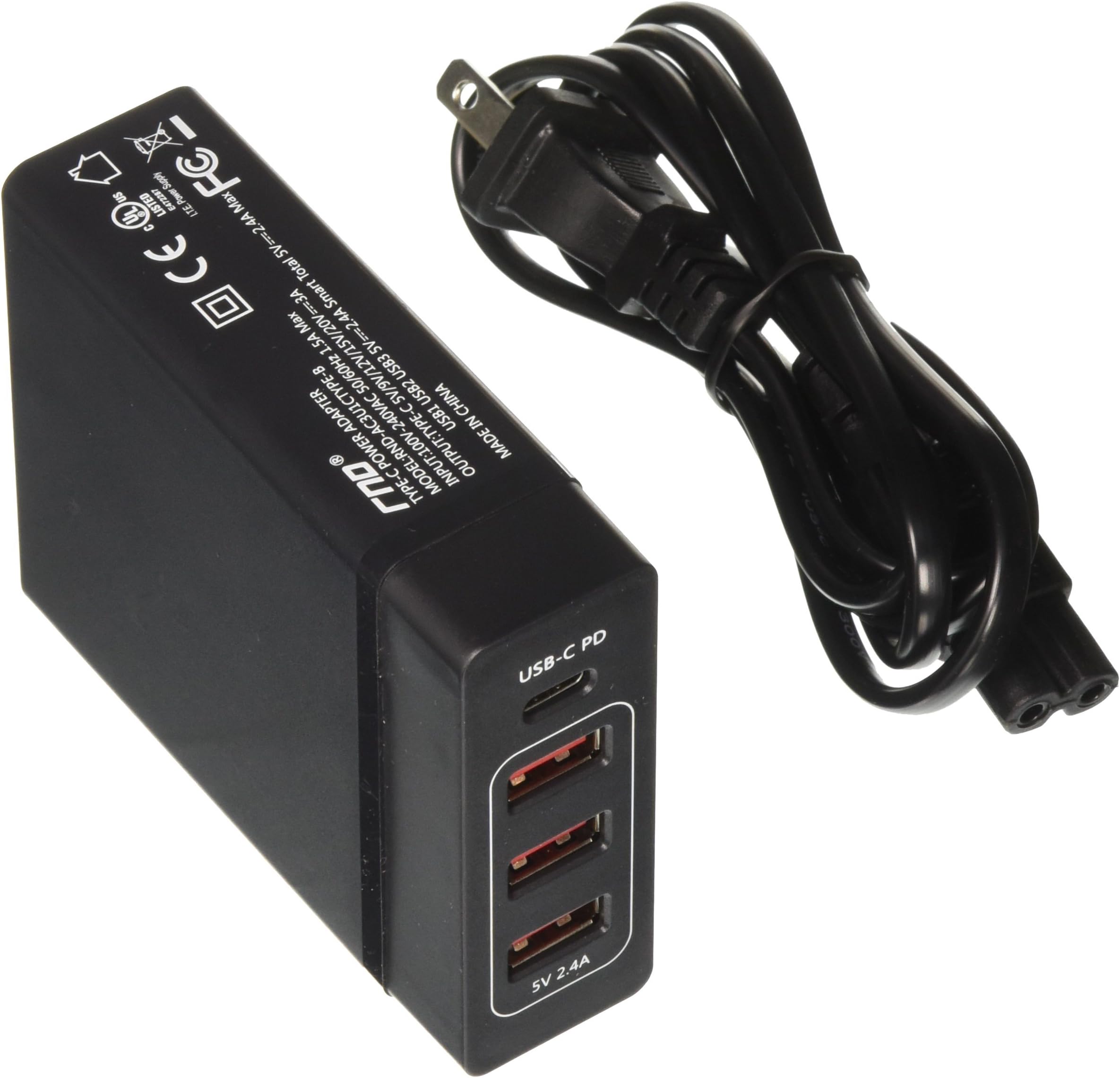 RND 72W Smart Travel Charger with One Type-C (USB-C) Port and Three USB Ports Compatible with: Apple MacBook, Google Pixel, LG, Samsung Galaxy (S10, S9, S8, Note) and All Type C Devices (Black)