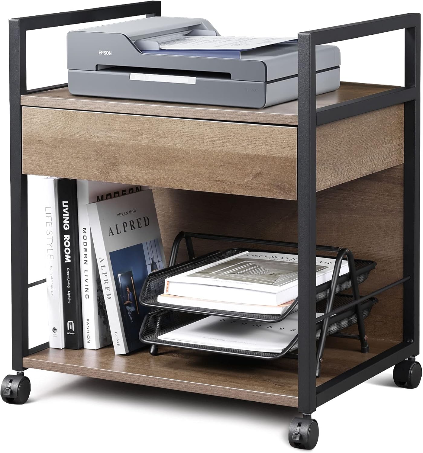 DEVAISE Mobile Printer Stand with Storage Drawer, Modern File Cabinet Printer Cart for Home Office, Gary Oak : Electronics
