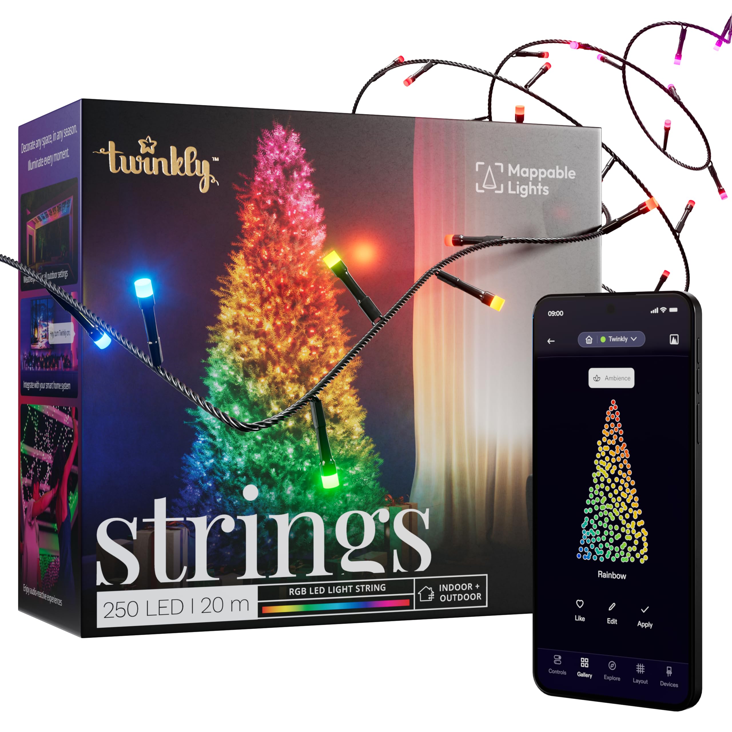 Twinkly Strings 250 LED RGB, LED Light String for in- and Outdoor, Smart LED Lights, Mappable LEDs, Compatible with Alexa and Google Home, IP44, Controlled by App, Black Wire, 20m