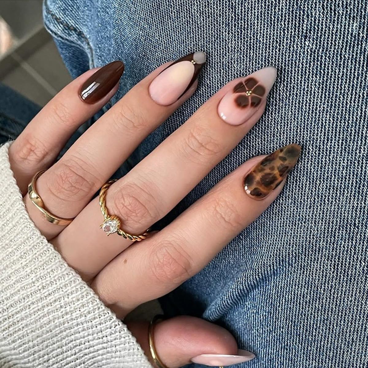 Photo 1 of Short Almond Press on Nails Fake Nails with Flower and Gold Beads Design Acrylic Nails Full Cover False Nails with Jelly Glue Almond Nails Press on Glue on Nails Short Stick on Nails for Women 24PCS