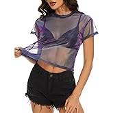 Women's Summer Mesh Tops Short Sleeve See Through Sheer T Shirt Bodycon Blouse Clubwear