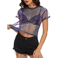Womens See Through Shirts Short Sleeve Sexy Mesh Metallic Shiny