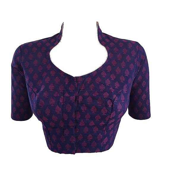 Ethnic Women's Stitched Ready to wear Highneck Jacquard Handloom Cotton Blouse, Length 15 inch, Navy blue