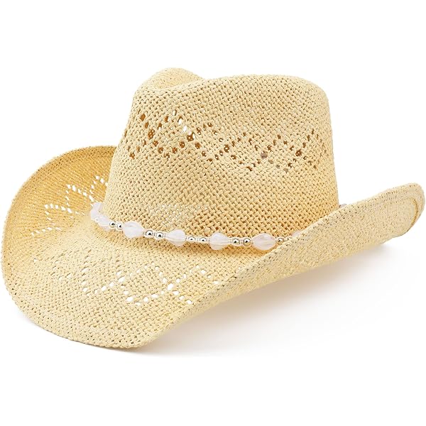 Chapeau de Cowboy Western en Paille Tressée Beige à
