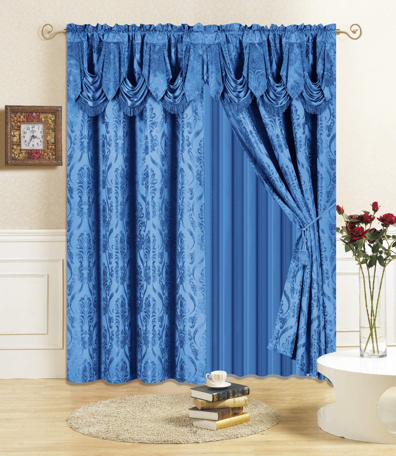 All American Collection New 4 Piece Drape Set with Attached Valance and Sheer with 2 Tie Backs Included (84" Length, Royal Blue)