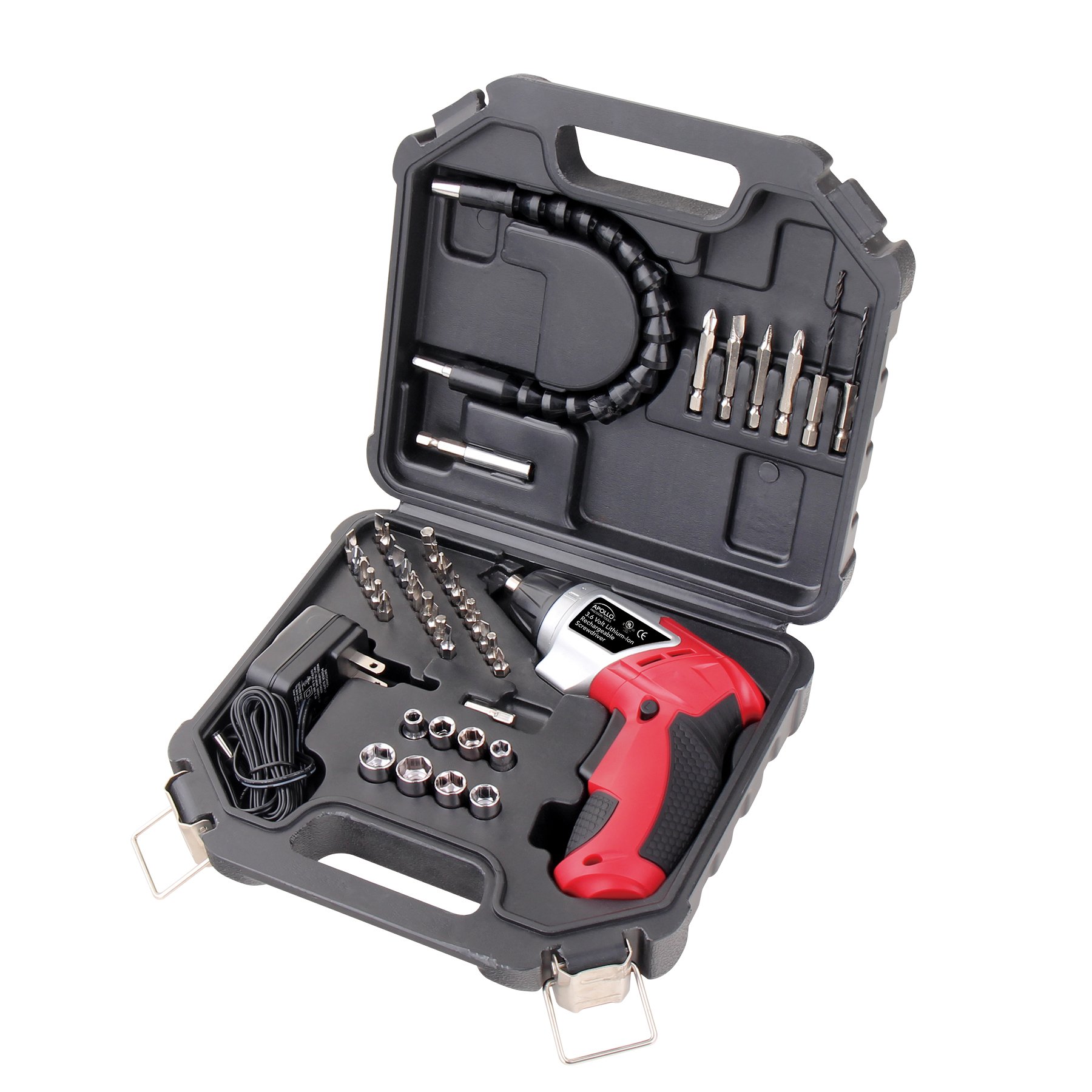 Photo 1 of Apollo Tools Lightweight Cordless Screwdriver Set Includes Rechargeable 3.6 Volt Li-ion Screwdriver and 45 Piece Accessory Set in Black Carrying Case - Red - DT4944