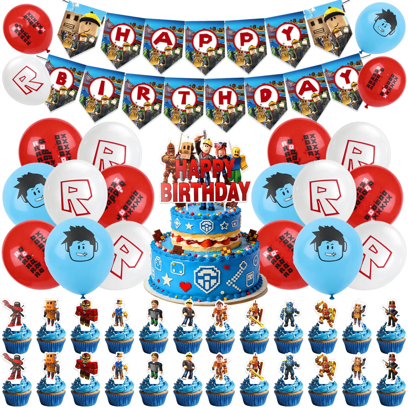 44Pcs Game Theme Birthday Party Decorations, Theme Party Decorations Supplies with Happy Birthday Banner, Latex Balloons, Cake Topper, Cupcake Toppers, Party Decorations Supply for Boys and Girls