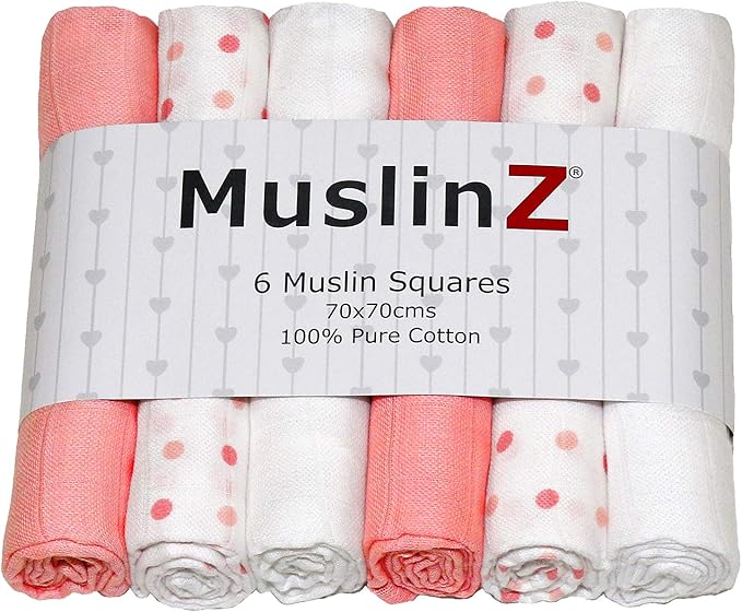 MuslinZ 6PK 100 Pure Cotton Baby Muslin Squares 70x70cms Girls Pink