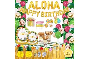 UJOYANT 323 Luau Party Decorations, Hawaiian Party Decorations Kit For Adults - "ALOHA"&"HAPPY BIRTHDAY" Banner, Balloons, Cake Topper, Straws, Table Skirt, Dinnerware Set For 25 Guests
