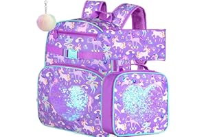 FTJCF 3PCS Unicorn Backpack, 16" Kids Sequins Bookbag for Girls with Lunch Box, Elementary Preschool Kindergarten School Bag Set - Purple