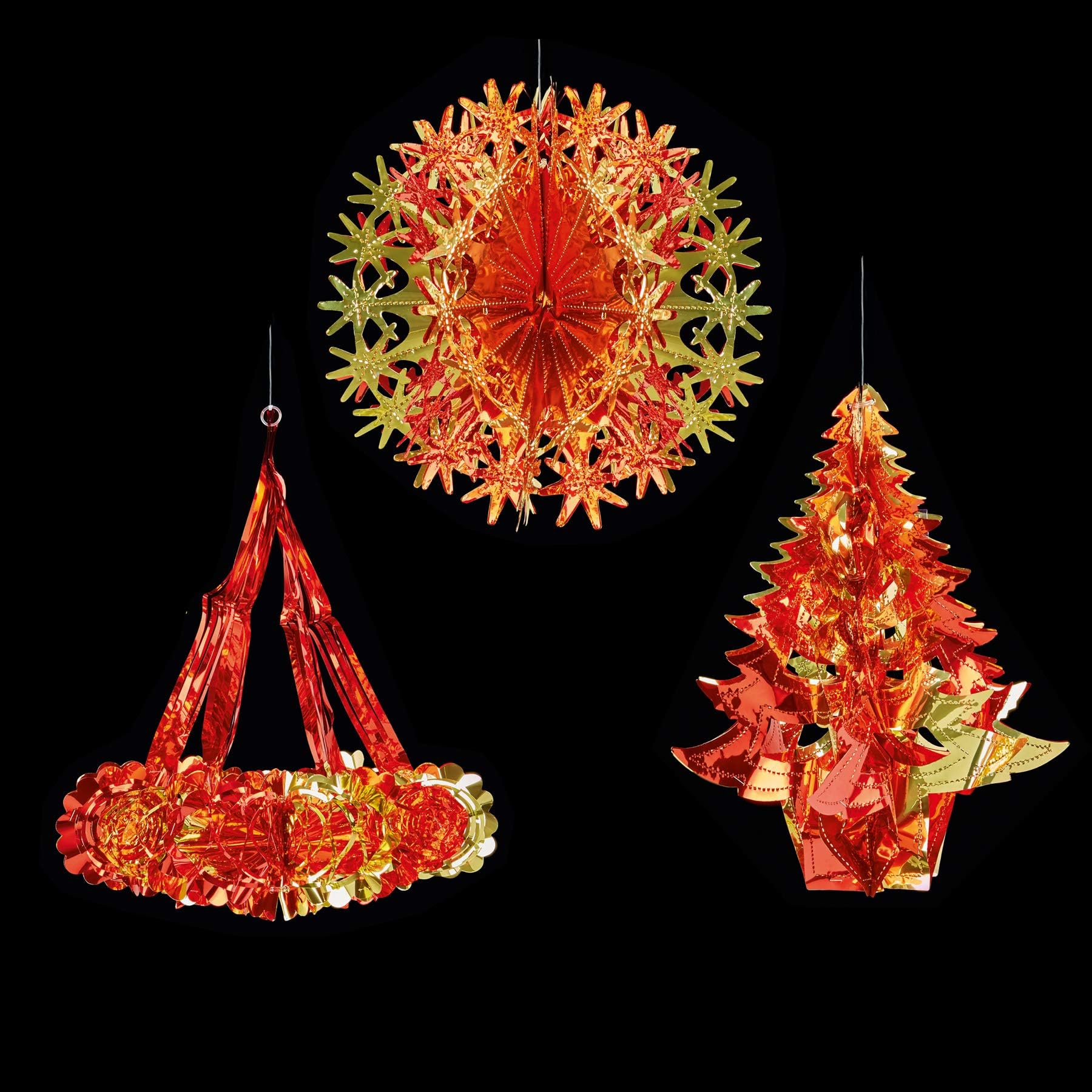 SET of 3 Christmas Foil Ceiling Decoration Hanging 30cm-40cm Red & Gold