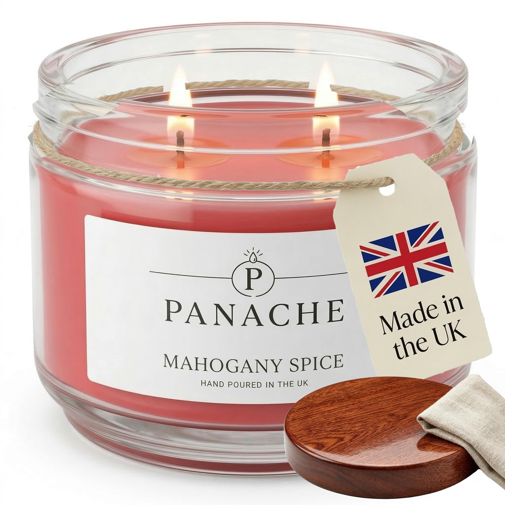Panache Mahogany Spice Scented Candle – Double Wick Soy Wax Candle, 48 Hour Burn Time, Hand Poured in UK, Clean Burning Cotton Wicks, Luxury Glass Jar Candle for Home Fragrance & Gifts (320g)