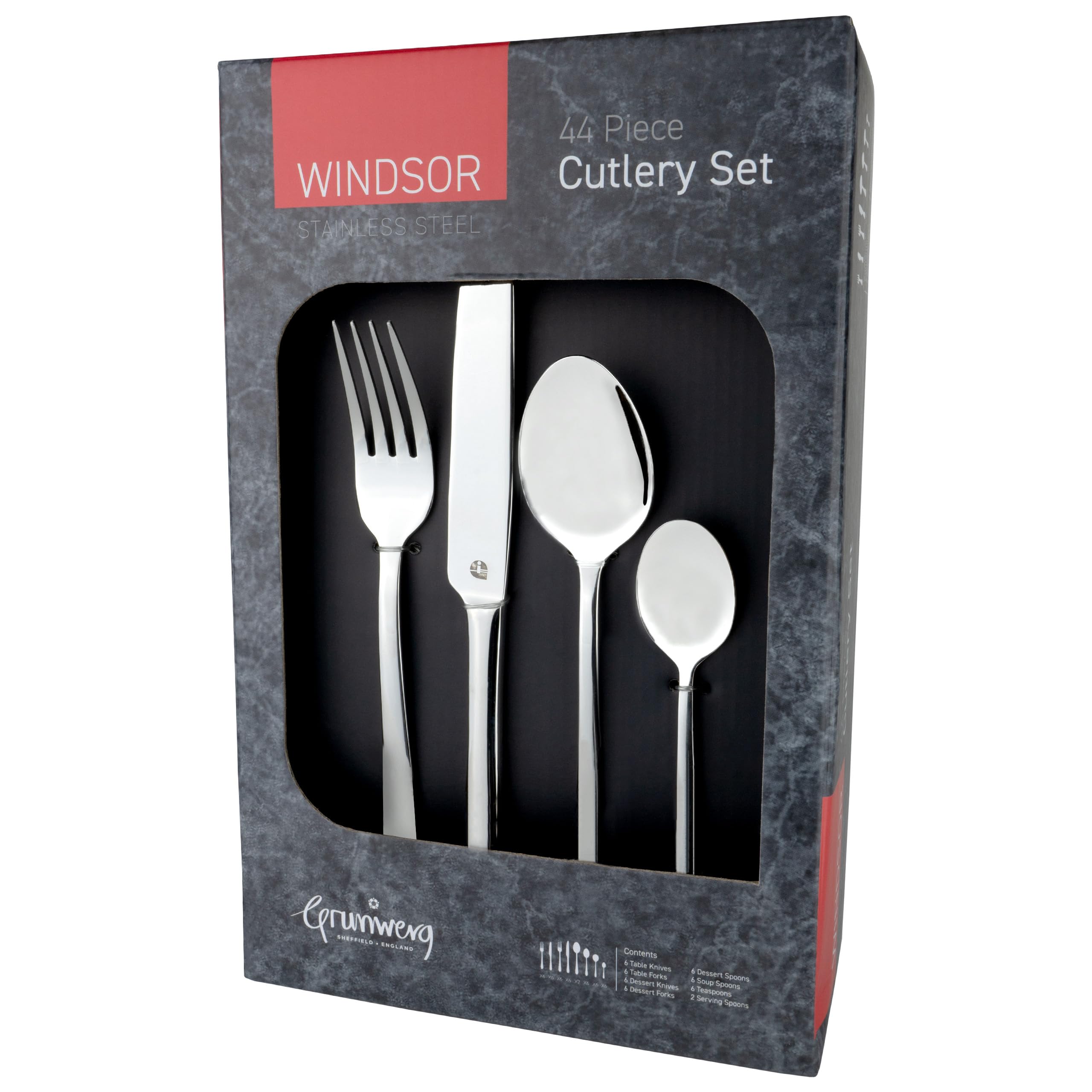 Grunwerg Windsor Carded 44-Piece Boxed Mirror Cutlery Set 44BXWDR, 18/0 Stainless Steel, Silver