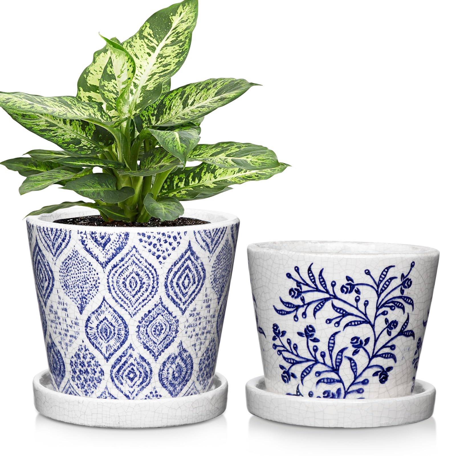 Oairse Set of 2 Blue and White Ceramic Planter 14CM 12CM Ceramic Plant Pots Indoor with Drainage Holes and Saucers Tray Decorative Flower Pots Garden Pot for Succulent Cactus House Plants