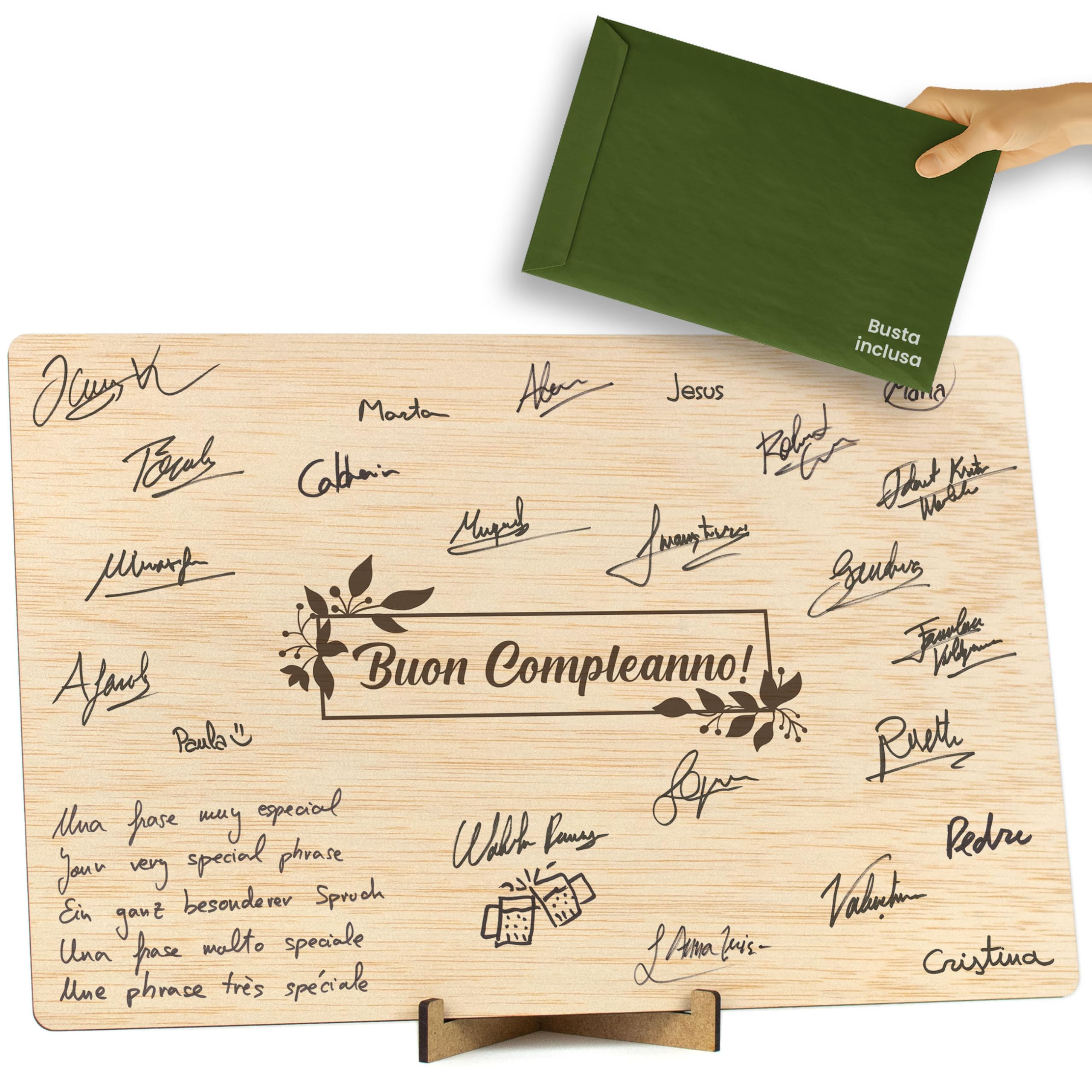CONTRAXT Carta di compleanno in legno. Regalo originale libro delle firme carta di compleanno per uomini o donne amici colleghi Comp Compl (Buon Compleanno)