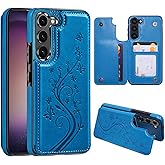 Korecase for Galaxy S25 Wallet Case with Card Holder Butterfly Flower PU Leather Credit Card Pocket Wallet Case Cover for Samsung Galaxy S25 2025,Blue