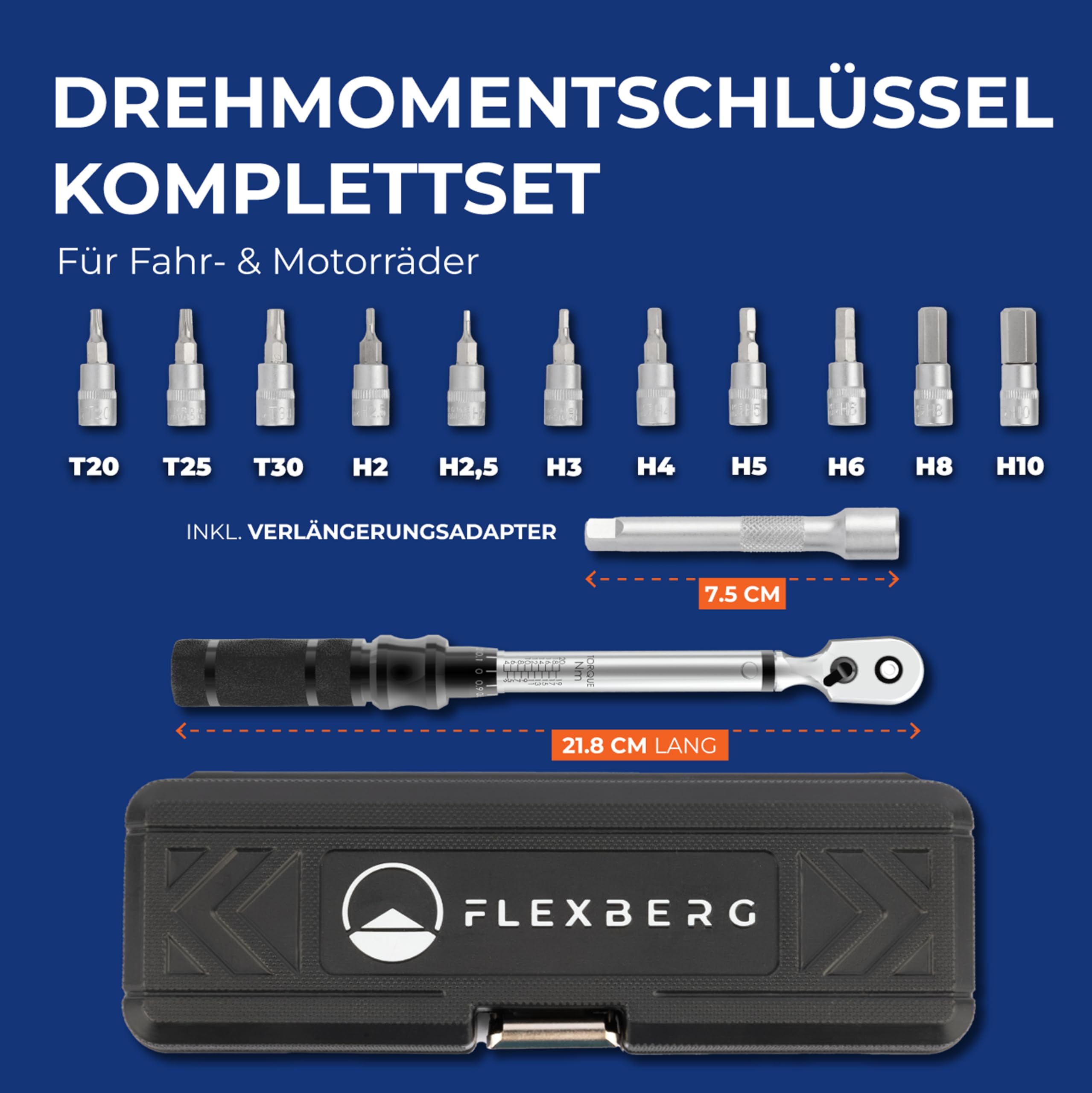 FLEXBERG 1/4 Drehmomentschlüssel – Fahrrad Drehmomentschlüssel für Wartung – Präzises Set für MTB- und Fahrradreparatur, inklusive Innensechskantschlüssel & Torx-Bits – 2-20 Nm 2