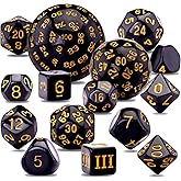 AUSTOR 15 Pieces Complete Polyhedral Dice Set D3-D100 Game Dice Set with a Leather Drawstring Storage Bag for Role Playing Table Games(Black & Yellow)