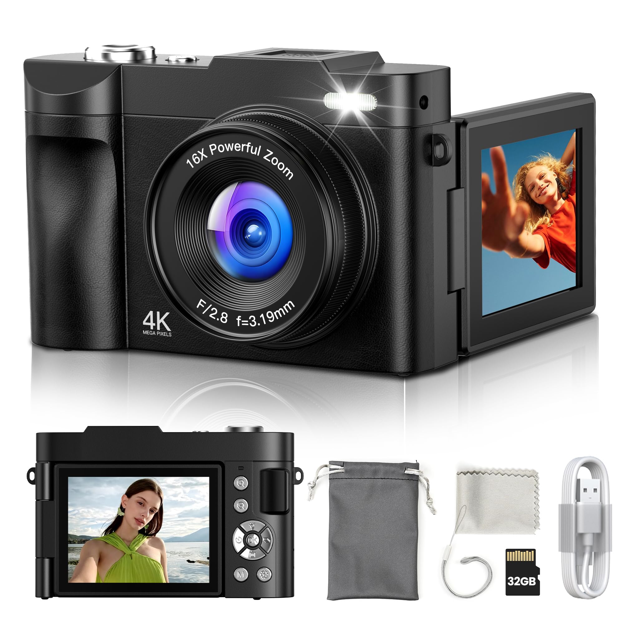 Photo 1 of Digital Camera 4K for Photography Vlogging: 50MP Cameras for Video - 16X Zoom Photo Camera Gifts for Teens Ages 8-16 - 180°Flip Screen Compact Cámara - Point and Shoot Digital Cameras for YouTube