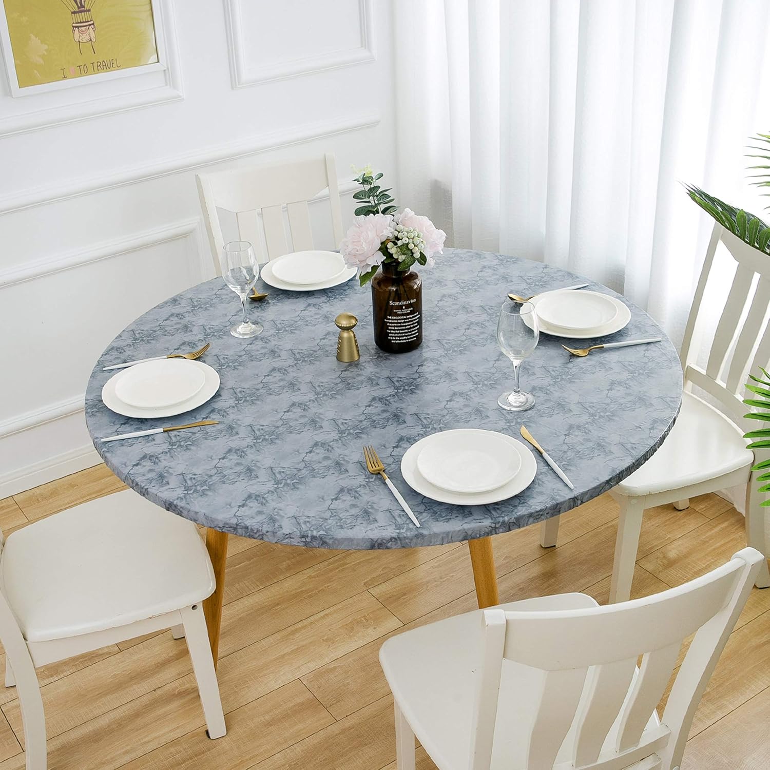 Rally Home Goods Indoor Outdoor Patio Round Fitted Vinyl Tablecloth, Flannel Backing, Elastic Edge, Waterproof Wipeable Plastic Cover, Light Gray Marble Pattern for 6-Seat Table of 43-56’’ Diameter: Home & Kitchen