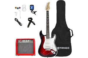 STRINGO Red Rose 39 Inch Electric Guitar Beginner Kit Set Includes, 20W Amplifier 3 Picks, Shoulder Strap, Tuner, Bag Case