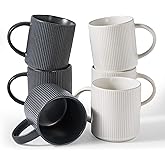 famiware Coffee Mug Set for 6, Star 16 oz Catering Mugs Cup Set with Handle for Coffee, Tea, Cocoa, Milk - Ceramic Stoneware Drinkware Set, Matte White + Matte Dark Charcoal