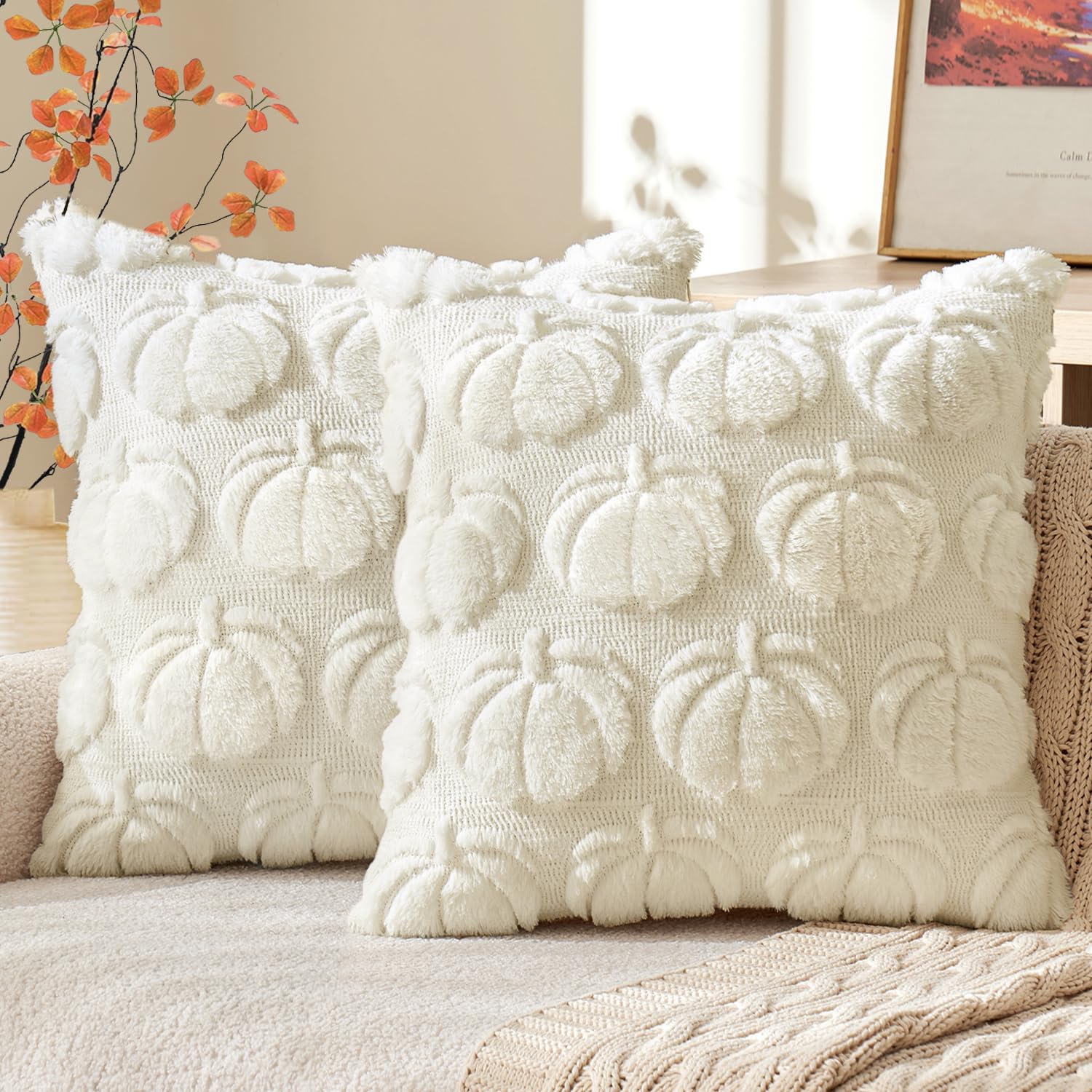 Photo 1 of MIULEE Fall Throw Pillow Covers 22x22 Set of 2 Autumn Decorations Cream White Pumpkin Accent Pillowcase for Outdoor Porch Sofa Couch Bed Living Room Plush Faux Fur Halloween Farmhouse Home Decor