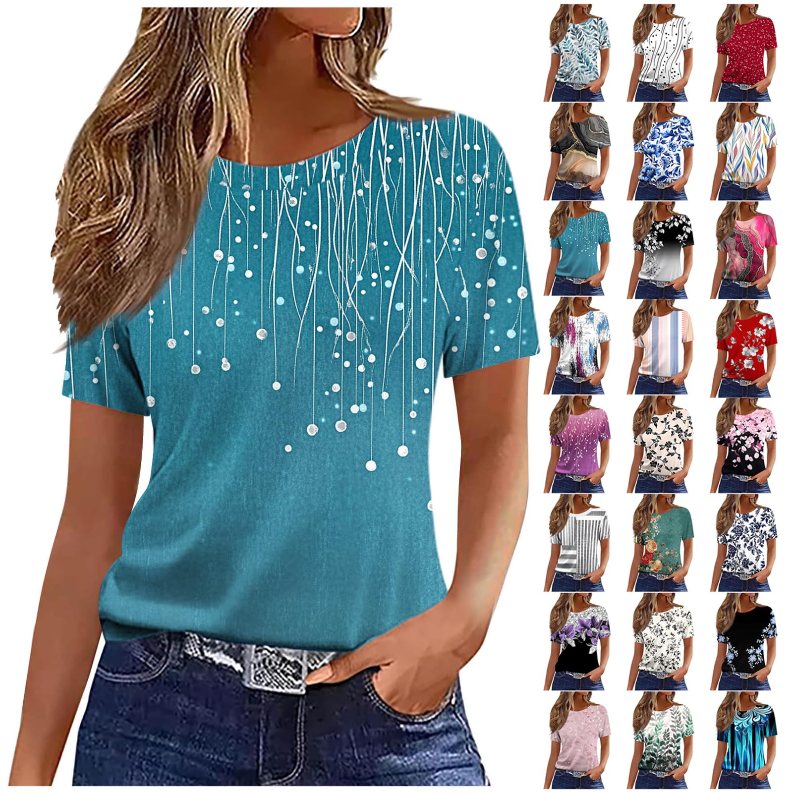 Womens Summer Short Sleeve Tops Retro Cute Graphic Tees Casual Crew Neck Work T Shirts Dressy Beach Tunic Blouses A- Blue