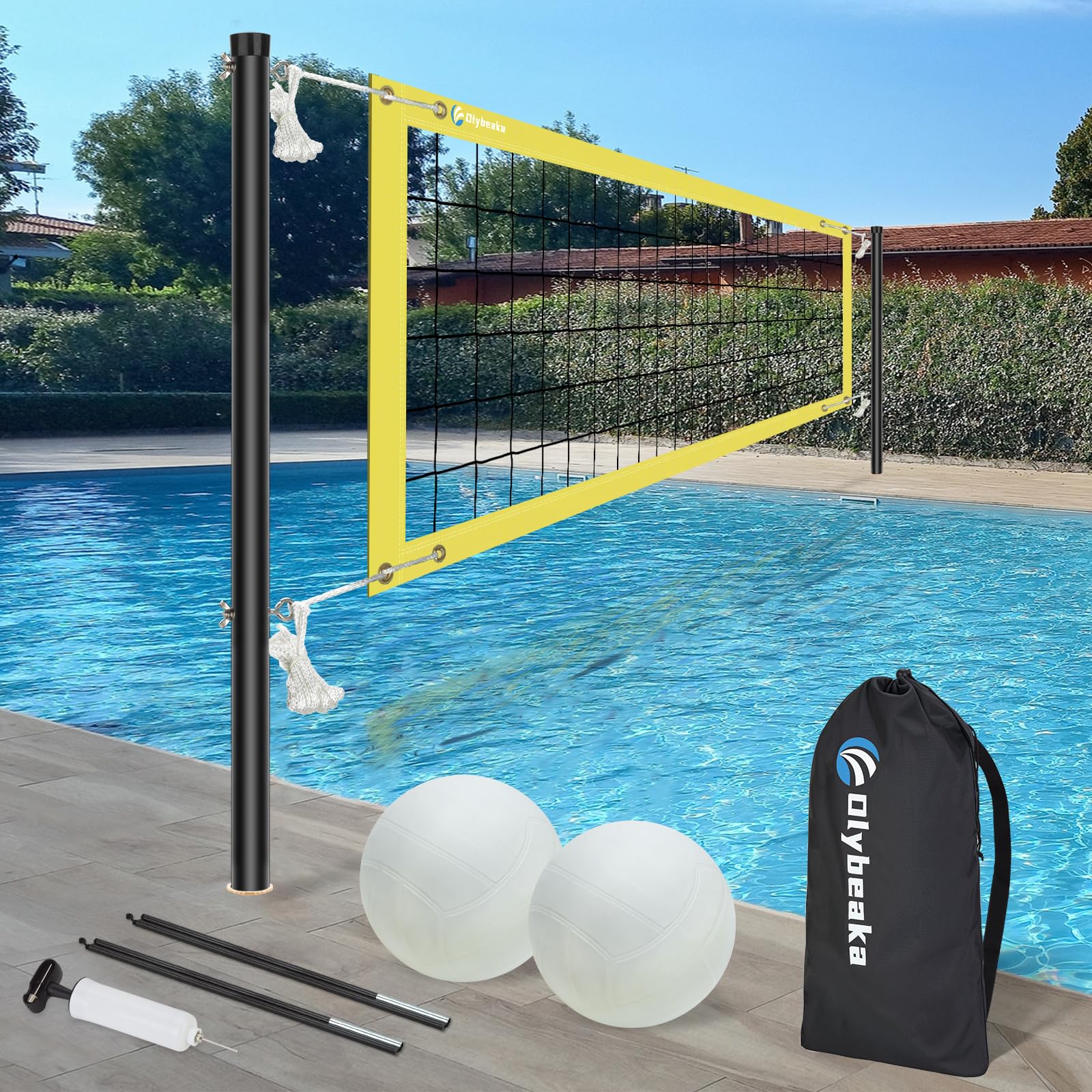 Photo 1 of Base Free Swimming Pool Volleyball Net Set for Above Ground/Inground Pools with 3-Height Adjustable Aluminium Poles, Durable Anti-Sagging Net, 2 Water Volleyballs and Carry Bag