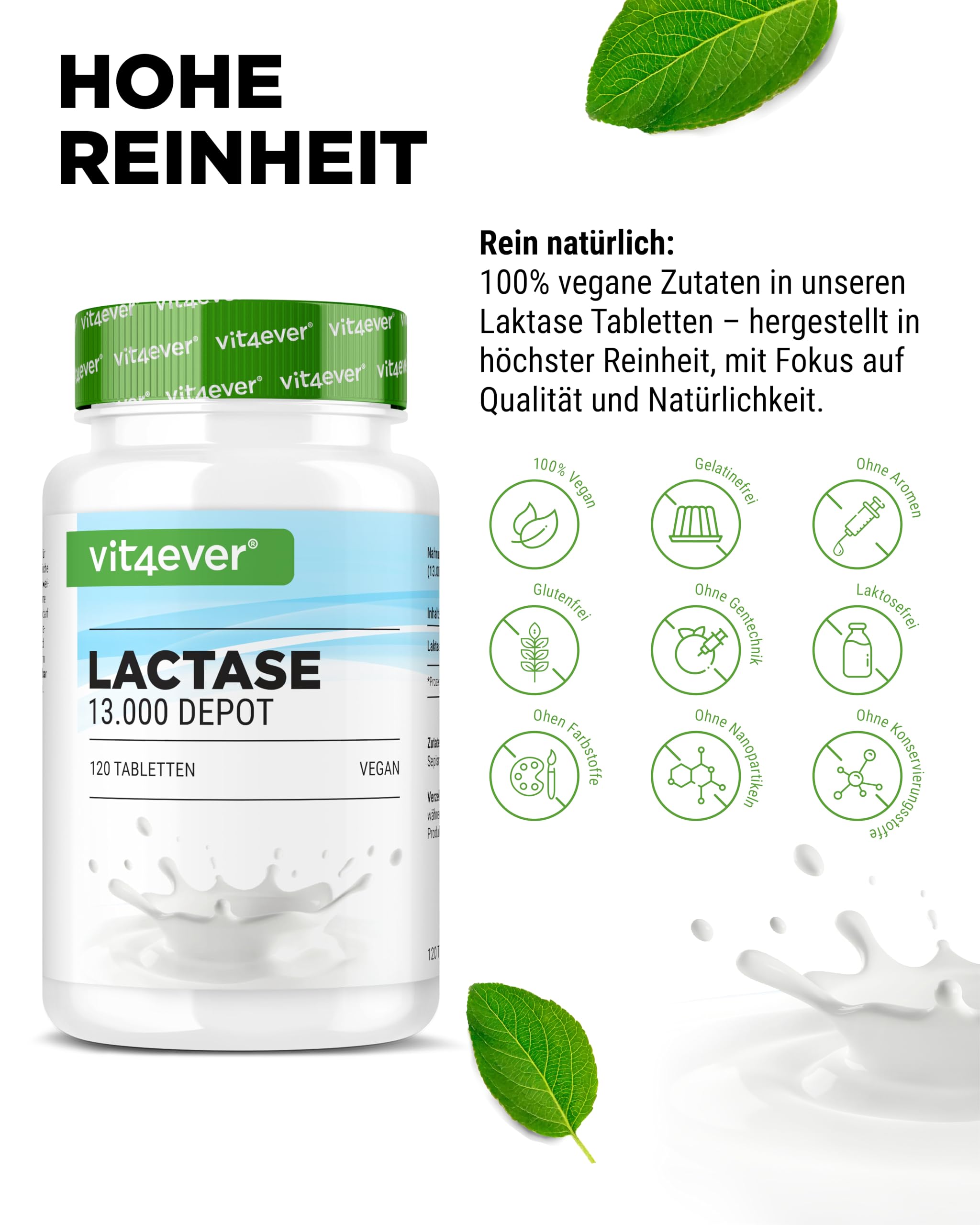 vit4ever Laktase 13.000 Depot - 120 Tabletten mit Depotwirkung (Sepismart® Slow Release) - Hochdosiert mit 13.000 FCC-Einheiten - Bei Laktoseintoleranz + Milchunverträglichkeit - Vegan 3
