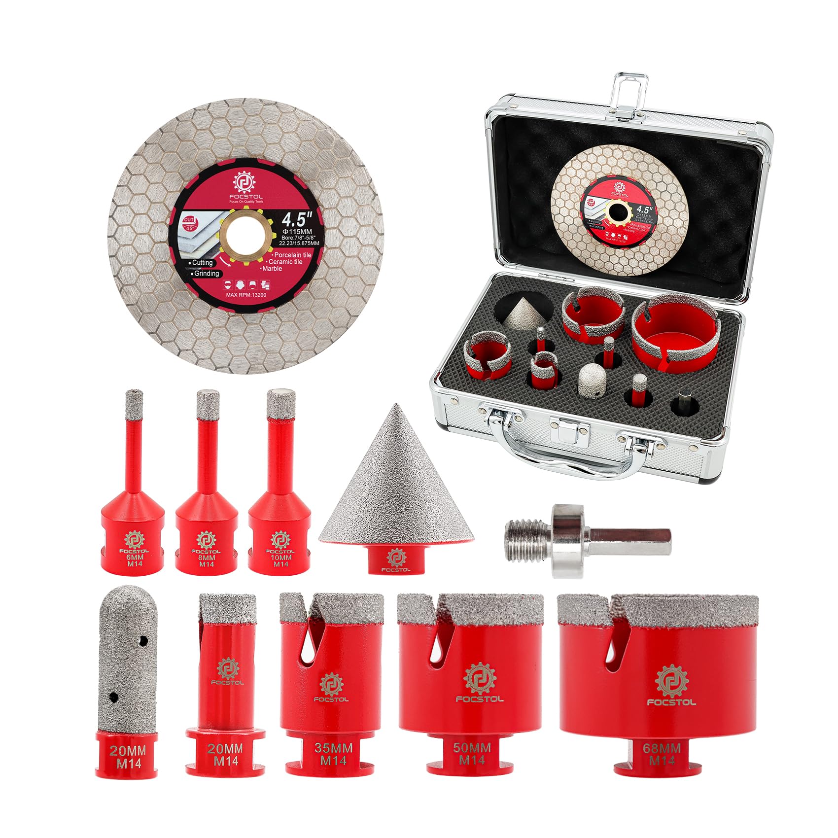 Diamond Core Drill Bit Set - FOCSTOL 10pcs Diamond Hole Saw Kit for Porcelain Tile Ceramic Marble Granite (6/8/10/20/35/50/68mm+20mm Finger Milling Bit+50mm Beveling Chamfer Bit+Hex+115mm Saw Blade)