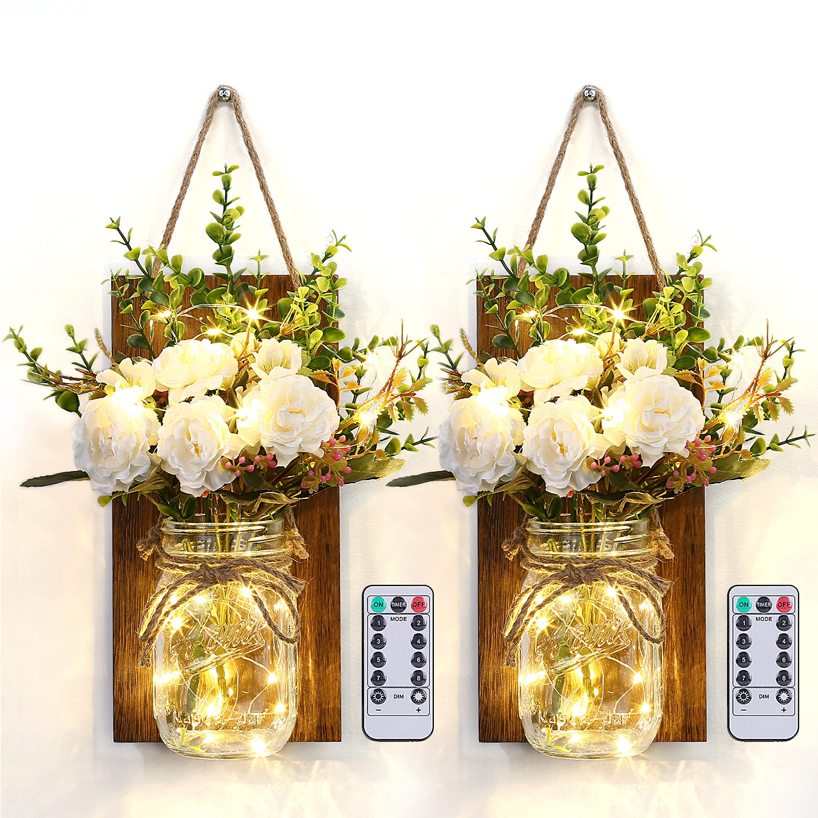 Glighone Wall Decoration for Living Room, 2PCS Mason Jar Wall Lights Dimmable, Timer with Remote, Vintage Rustic Home Decor, Artificial Flower LED Fairy Lights, Warm White Wall Decor for Bedroom