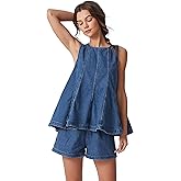 D-Sun Women 2 Piece Outfit Denim Set Sleeveless Crewneck Flared Denim Top Casual High Rise Jean Shorts Fashion Pant Suit Set