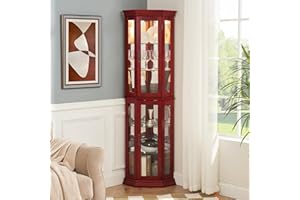 HRVEOCEI Curio Cabinet with Lighted, Display Cabinet with Glass Doors, Corner China Cabinet with Tempered Adjustable Glass Shelves & Carved Decoration(Cherry, Tall)