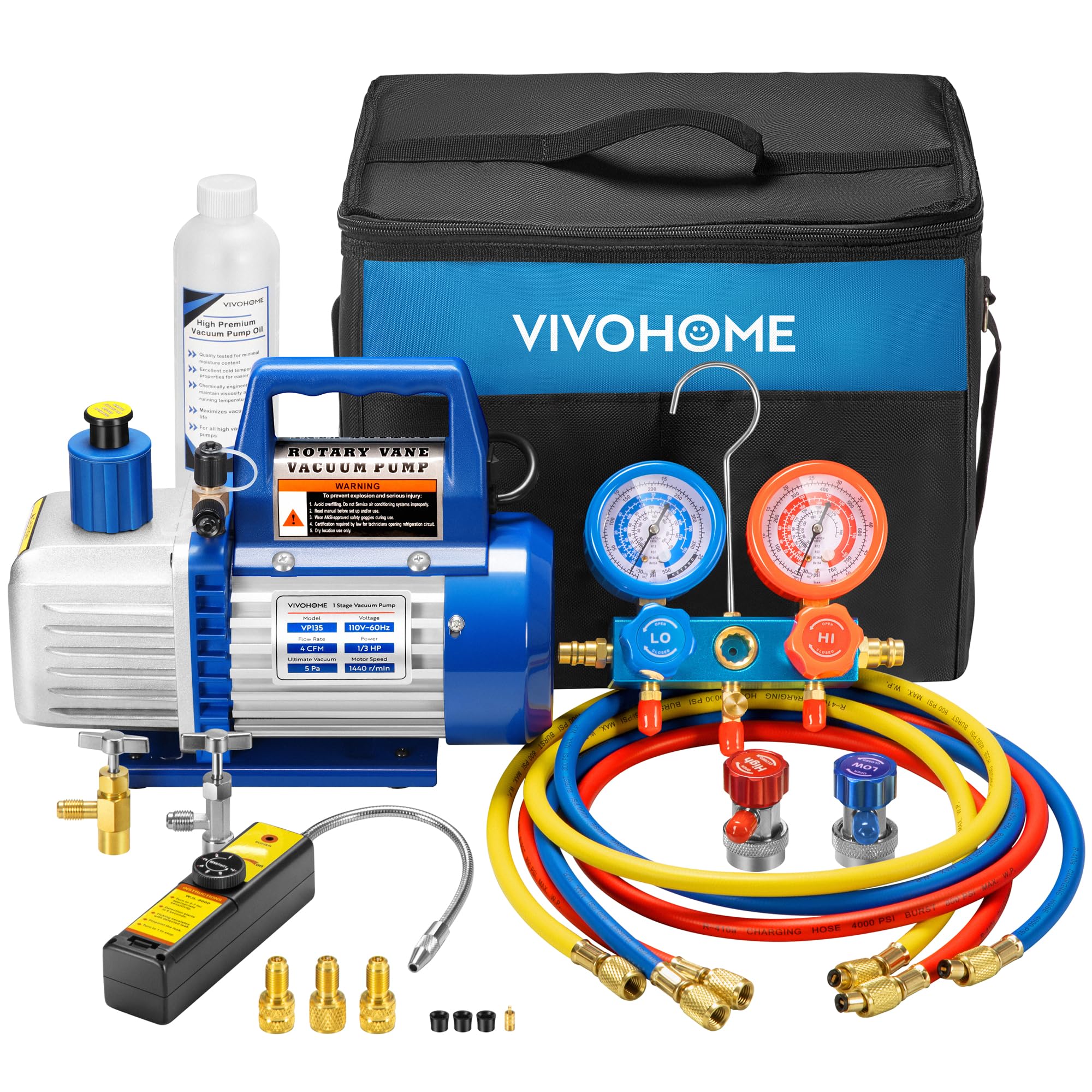 Photo 1 of **HEAVY** VIVOHOME 110V 1/3 HP 4CFM Single Stage Rotary Vane Air Vacuum Pump and R134a AC Manifold Gauge Set Kit with Leak Detector Carry Bag for HVAC Air Conditioning Refrigeration Recharging ETL Listed