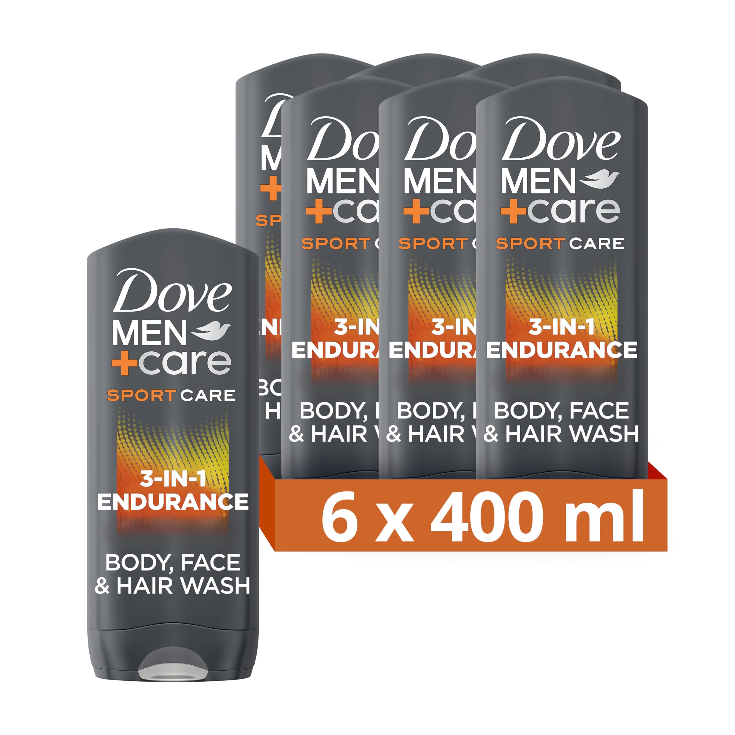 Dove Men+Care Sport Care Endurance 3-in-1 Hair, Face and Body Wash Body Cleanser shower gel with 24 hour nourishing MicroMoisture technology for invigorated and re-energised skin 6x 400 ml