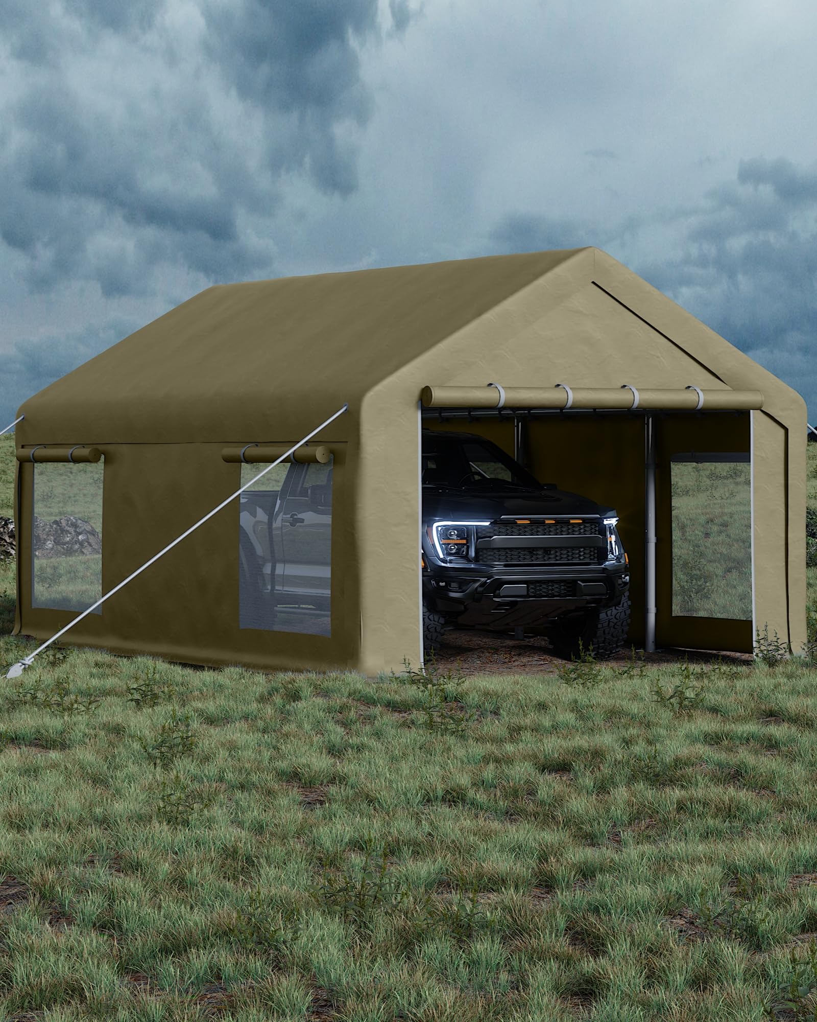 Photo 1 of GarveeLife 12x20 ft Portable Garage, Car Port with 200 g PE Tarp Cover, with Front & Rear Roll-Up Doors and 4 Windows, for Temporary Paint Booth, Boats&Pickups Shed, and Event Shelter, Khaki