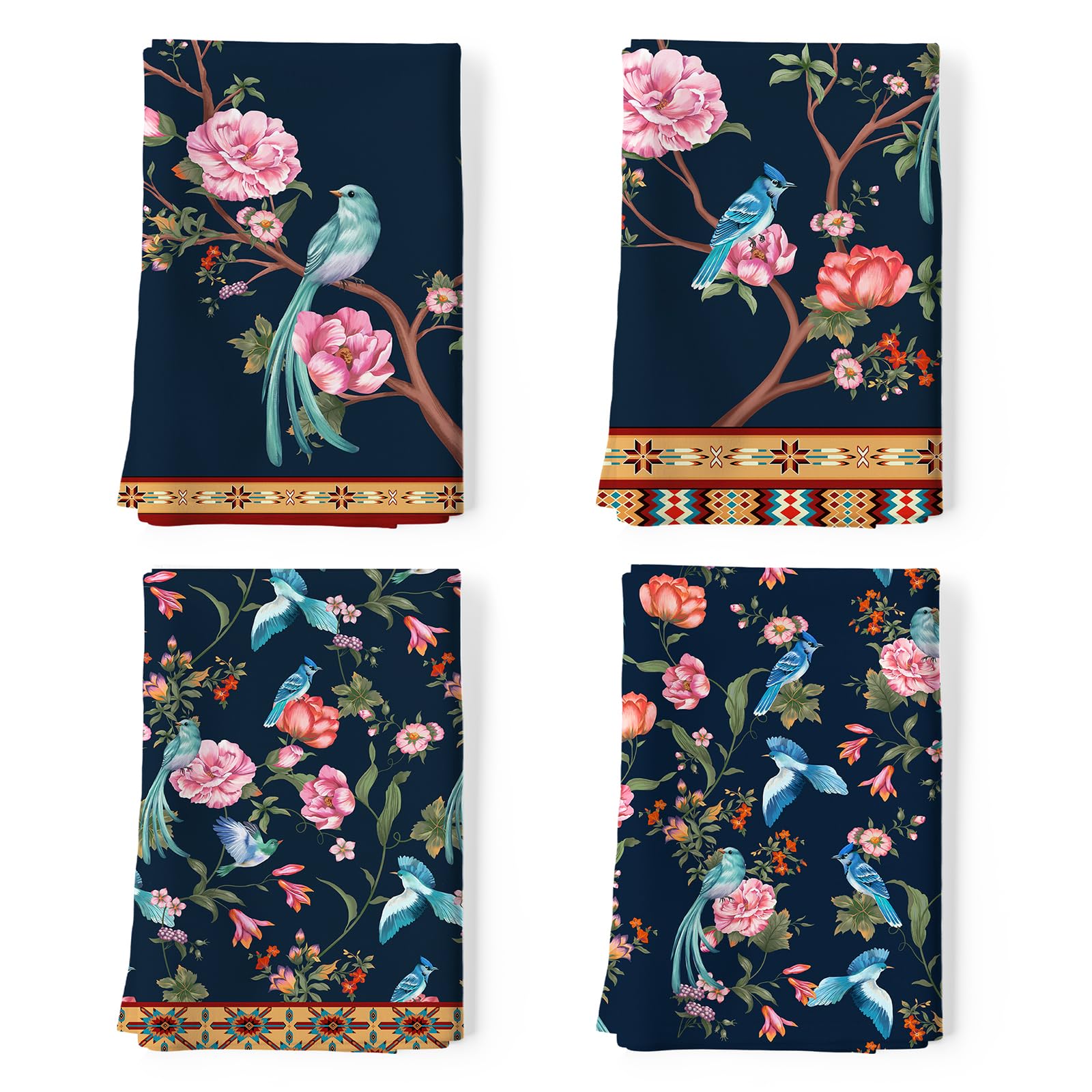 Arquiel Retro Bird Flowers 100% Cotton Kitchen Towel Set, 48 x 70CM, Multi-Purpose Quick Dry Dish Towels (Set of 4)