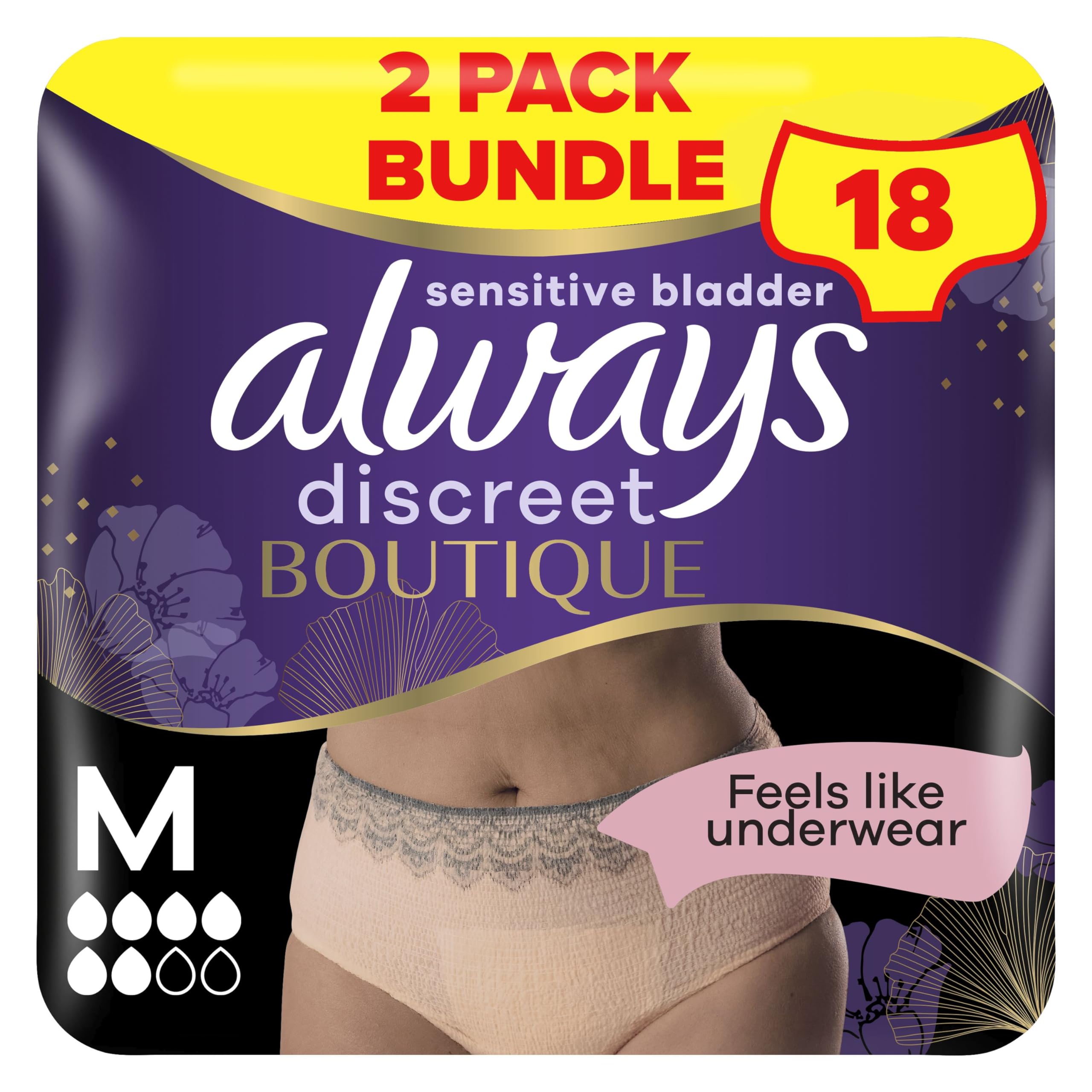 Always Discreet Boutique Incontinence Pants Women, Medium, Plus, 18 High Absorbency Pants (9 x 2 Packs), Odour Neutraliser, Softness and Protection, For Sensitive Bladder
