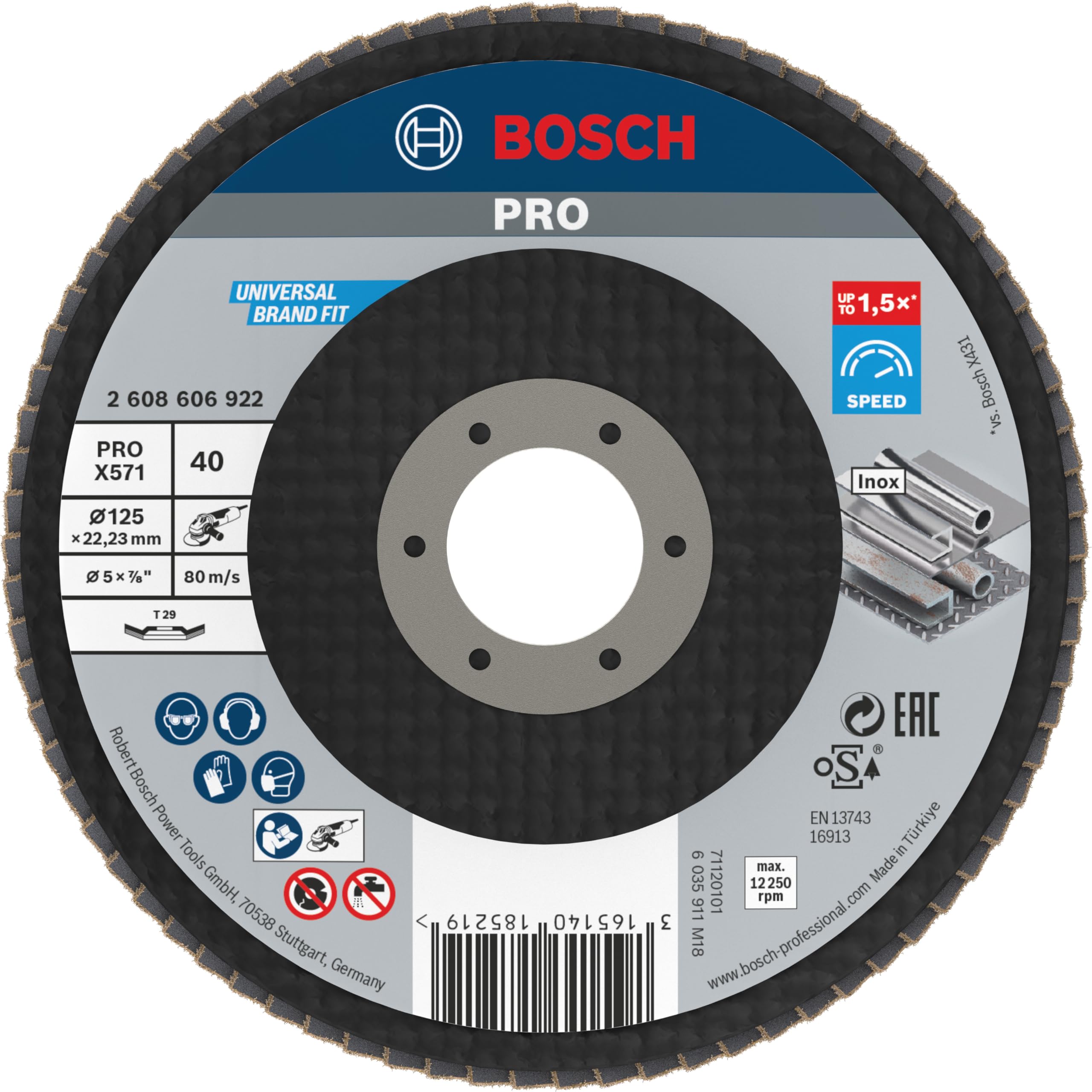Bosch 1x PRO Metal X571 Flap Disc Angled Version Fiber for Small Angle Grinders (for Steel, Stainless steel, Ø 125 mm, Grit 40, Professional Accessory Small Angle Grinder)