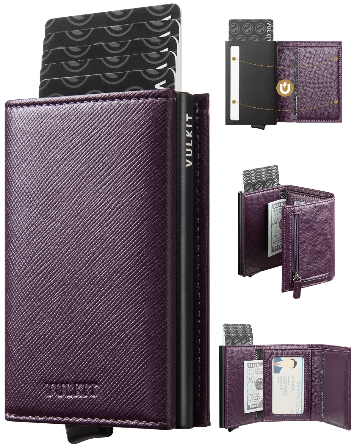 VULKIT Credit Card Holder RFID Blocking Genuine Leather Bifold Mens Wallet Automatic Pop Up with Banknote Compartment (Cross Wine)