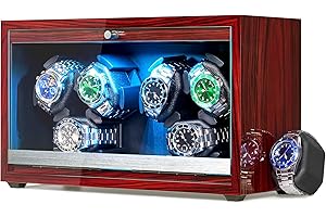 ANWBROAD Automatic Watch Winder, 6 Watch Winders for Automatic Watches with Glass Lid, 4 Modes Watch Winder box with Adapter, Super Quiet Motor-Red Piano Finish, UJWW003Y