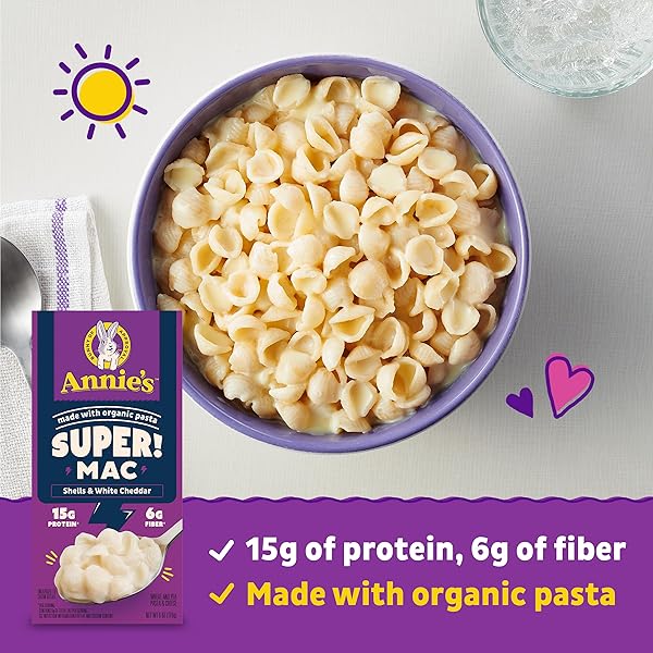 ANNIE’S SUPER! MAC SHELLS AND WHITE CHEDDAR, MADE WITH ORGANIC PASTA, 6 OZ